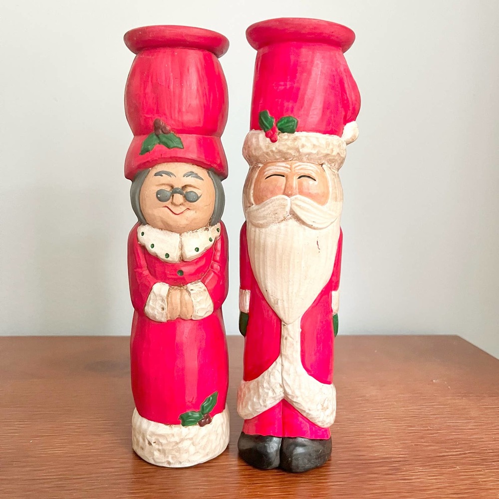 Handpainted Vintage Santa and Mrs Claus Ceramic Candle Holders Tall